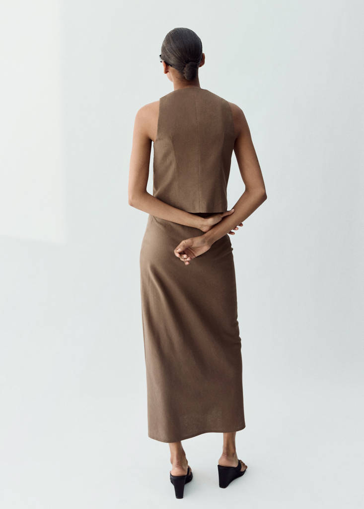 Linen-blend straight skirt — Brown