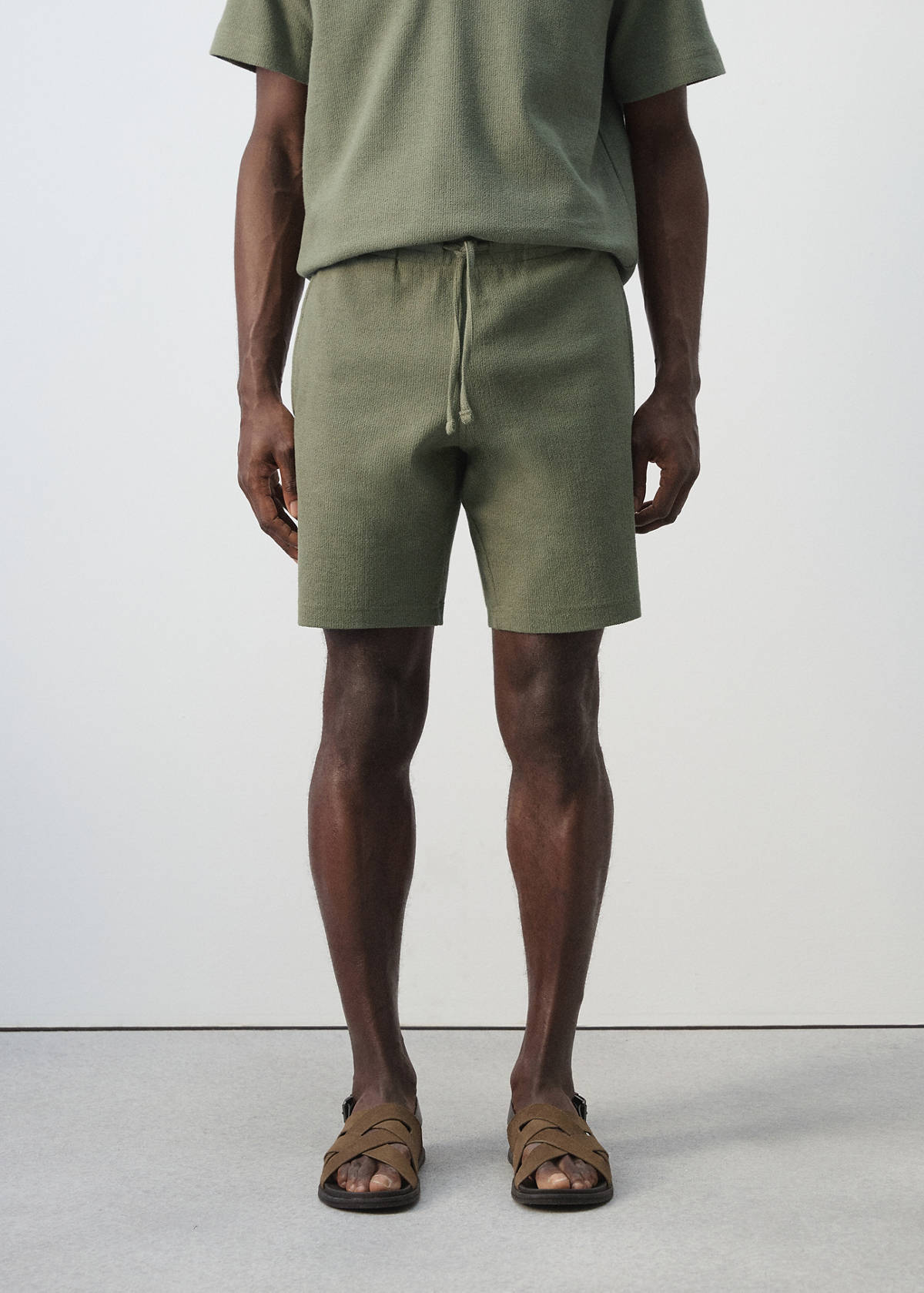 Textured cotton bermuda shorts with drawstring — Forest Green