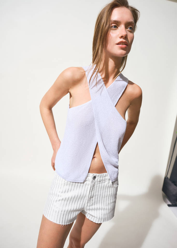 Striped denim shorts — White