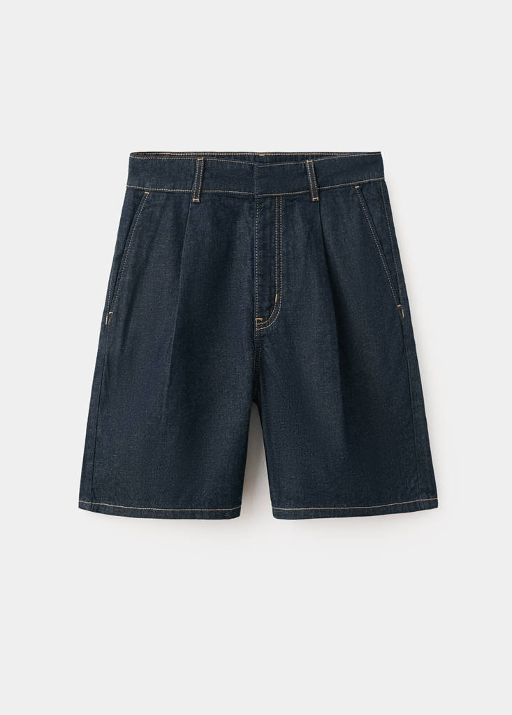 Mid-rise denim bermuda shorts with pleats — Open Blue