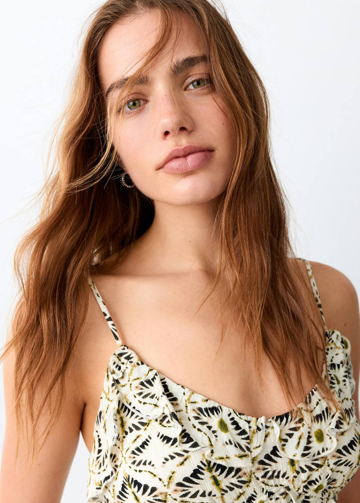 Printed top with bow — Ecru