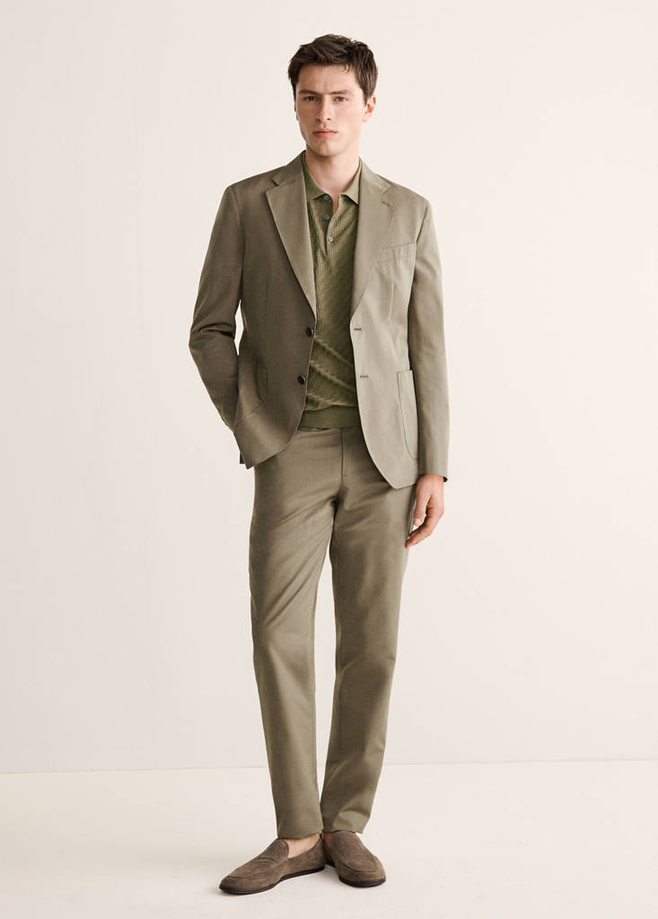 Wool cotton slim fit suit trousers — Khaki