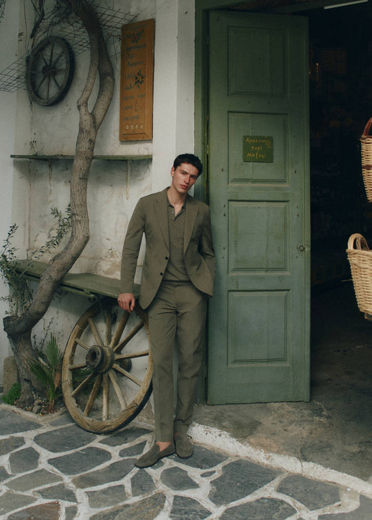 Wool cotton slim fit suit trousers — Khaki
