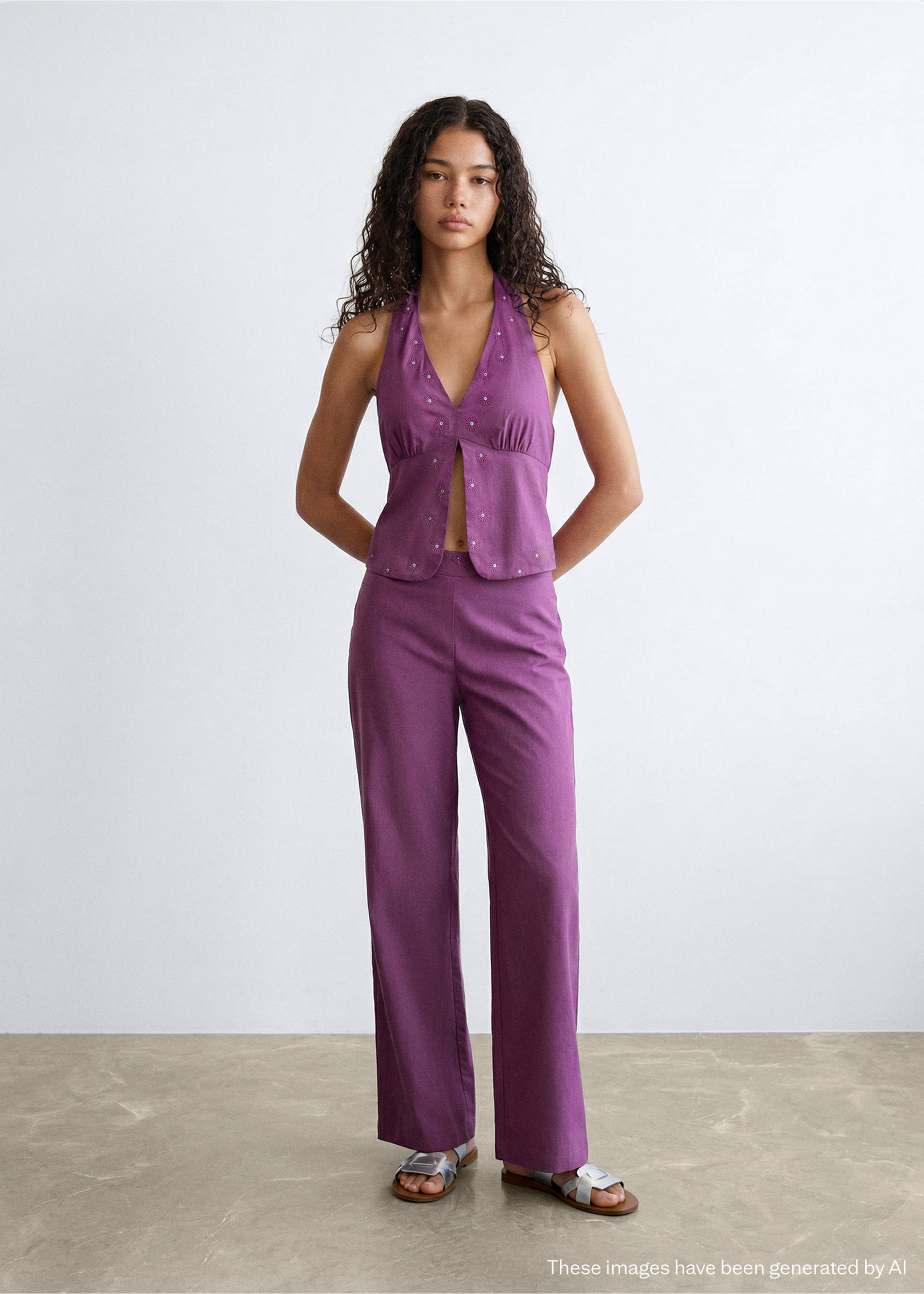 Straight trousers with embroidered details - General plane, Lilac. Ref: 27088649-00.