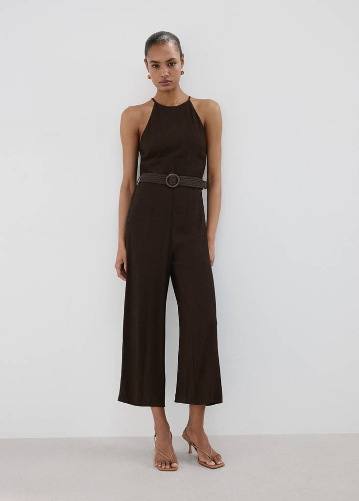 Halter-neck jumpsuit with belt — Chocolate