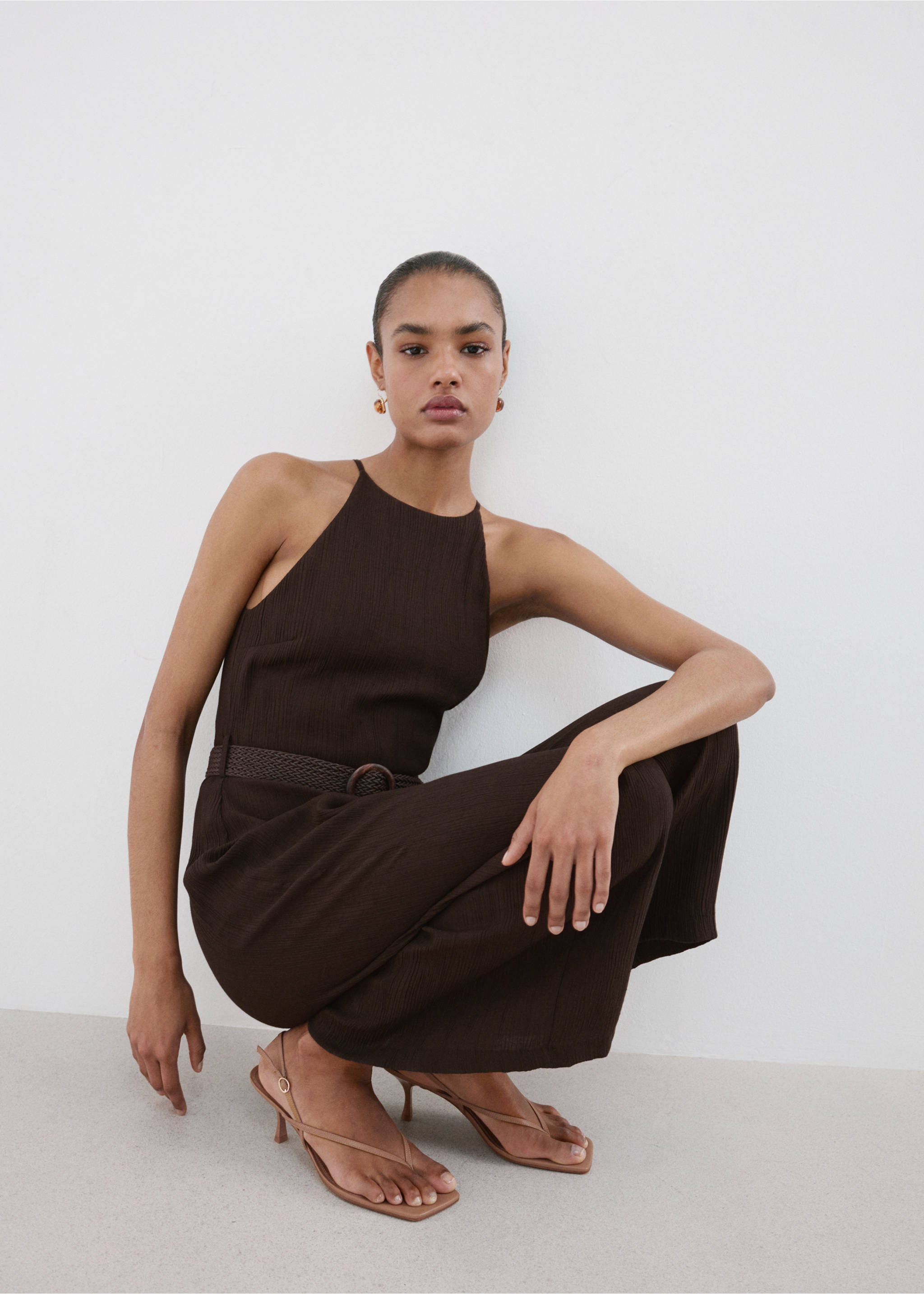 Halter-neck jumpsuit with belt - Details of the article 2, Chocolate. Ref: 27089058-00.