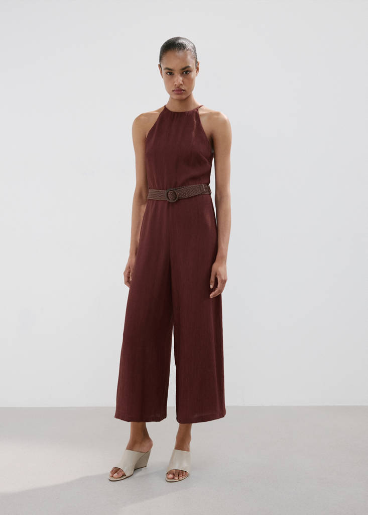 Halter-neck jumpsuit with belt — Maroon