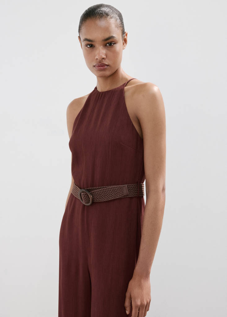 Halter-neck jumpsuit with belt — Maroon