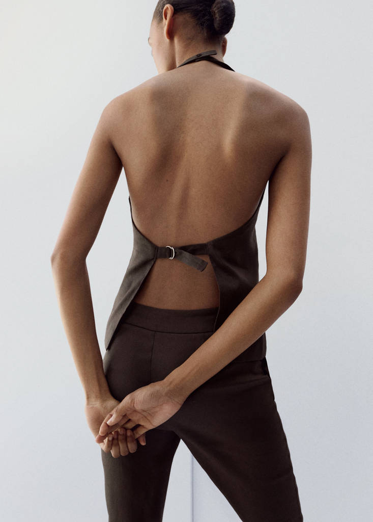 Halter neck linen waistcoat — Chocolate