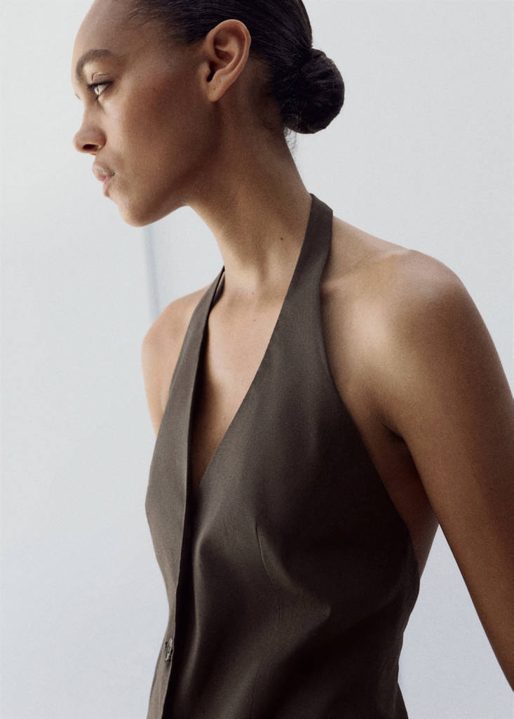 Halter neck linen waistcoat — Chocolate