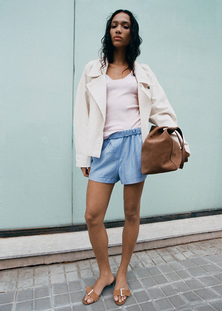 Mango Lyocell Striped Shorts In Blue
