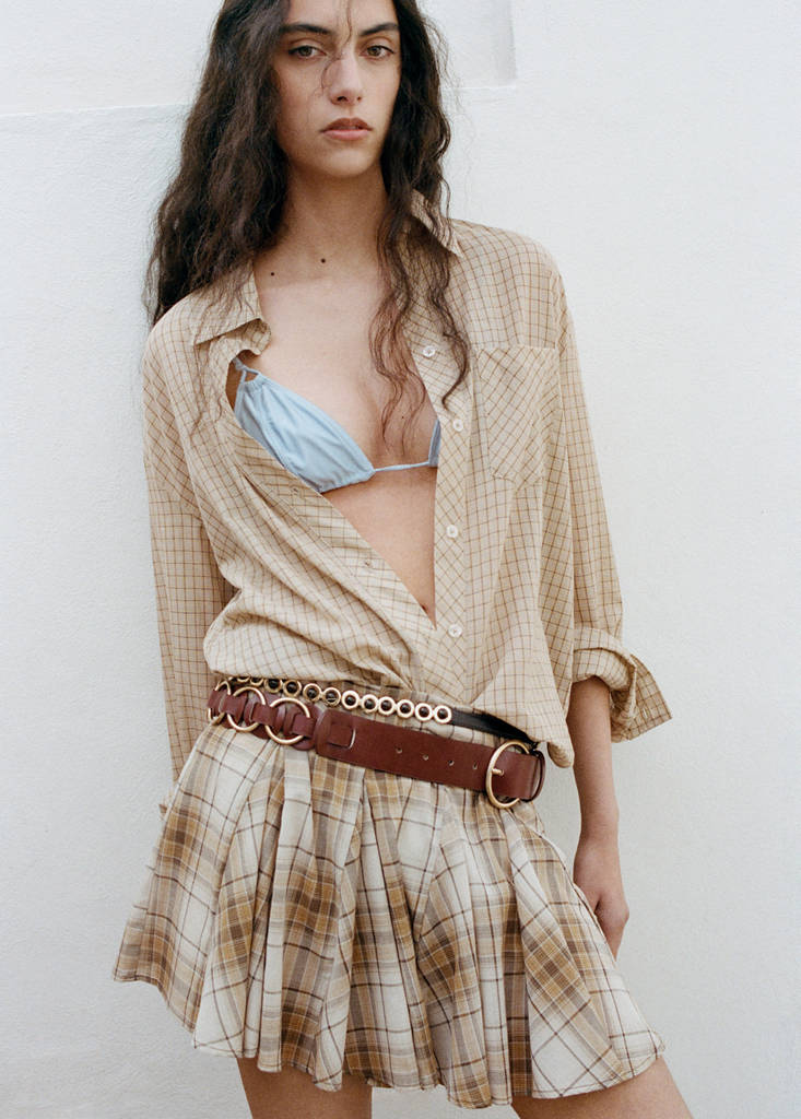 Pleated check skirt — Brown