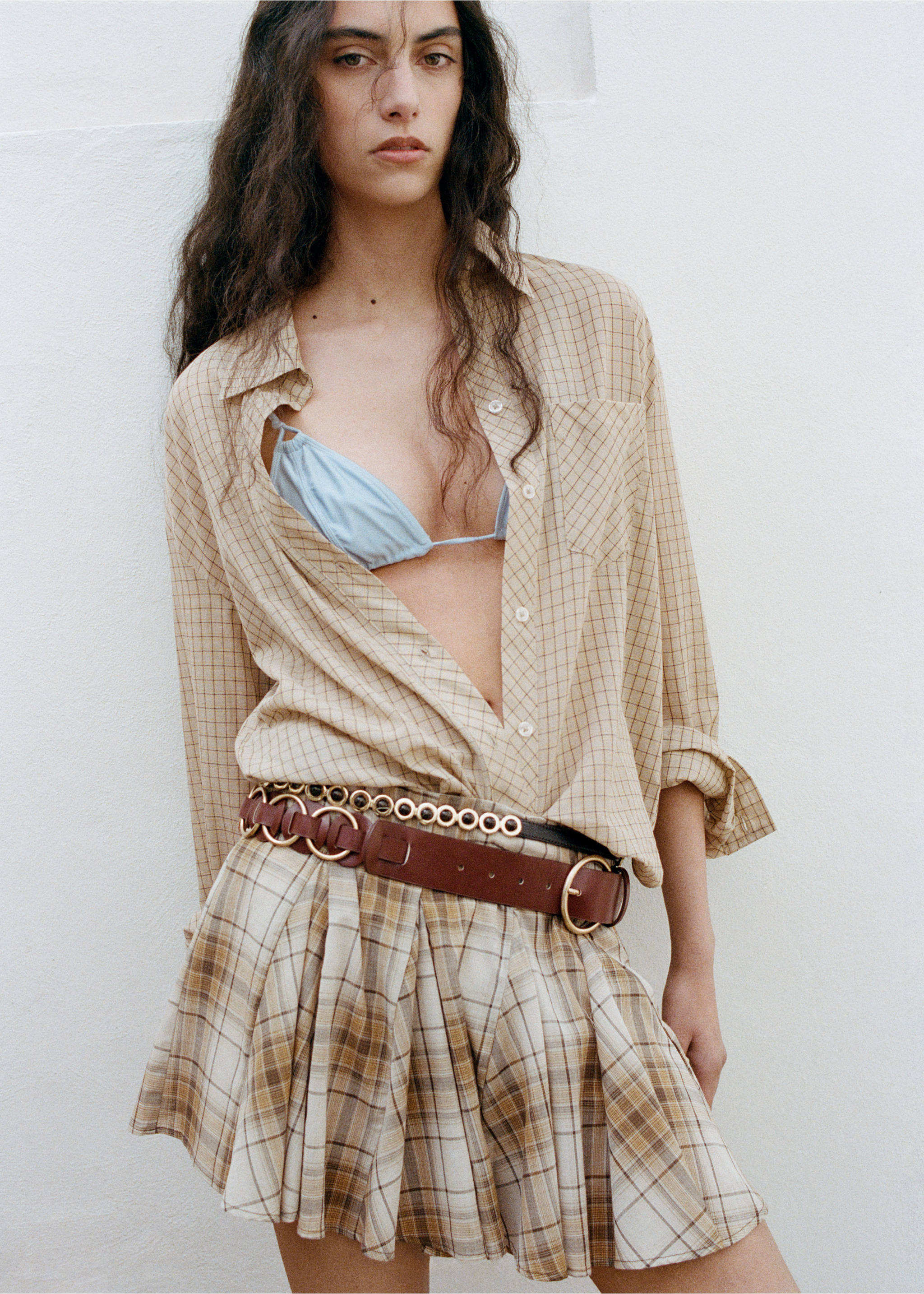 Pleated check skirt - Medium plane, Brown. Ref: 27089067-00.