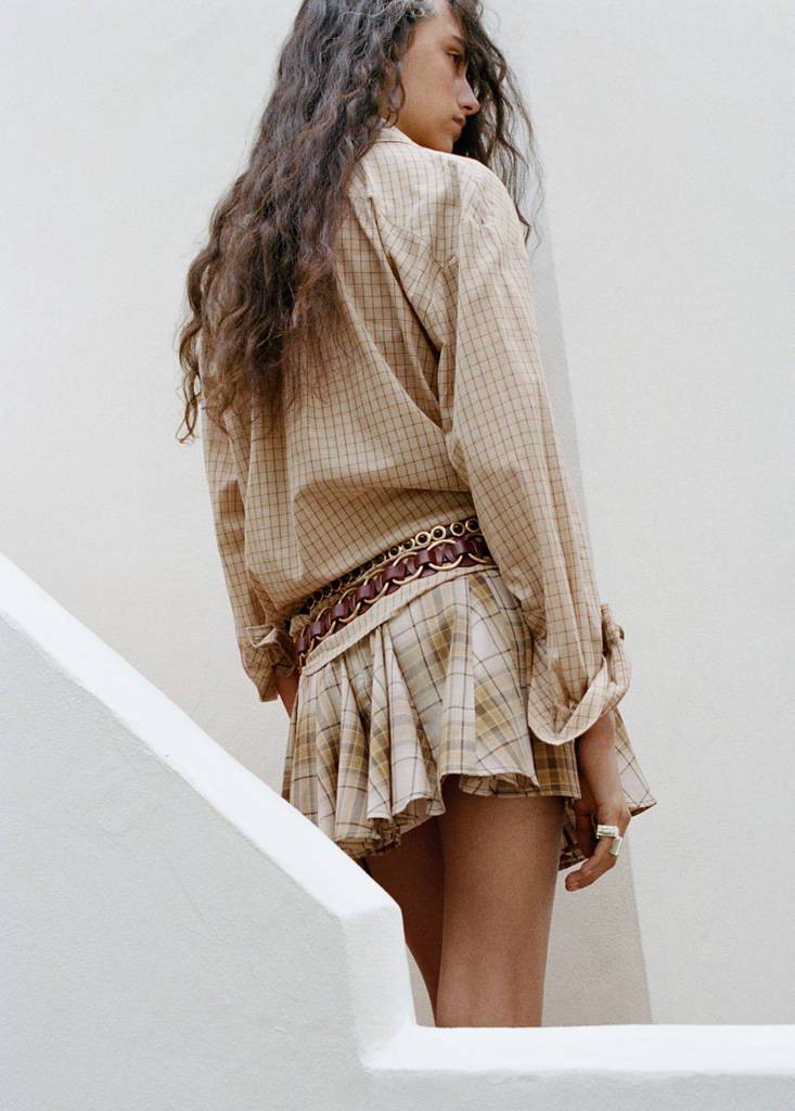 Pleated check skirt — Brown