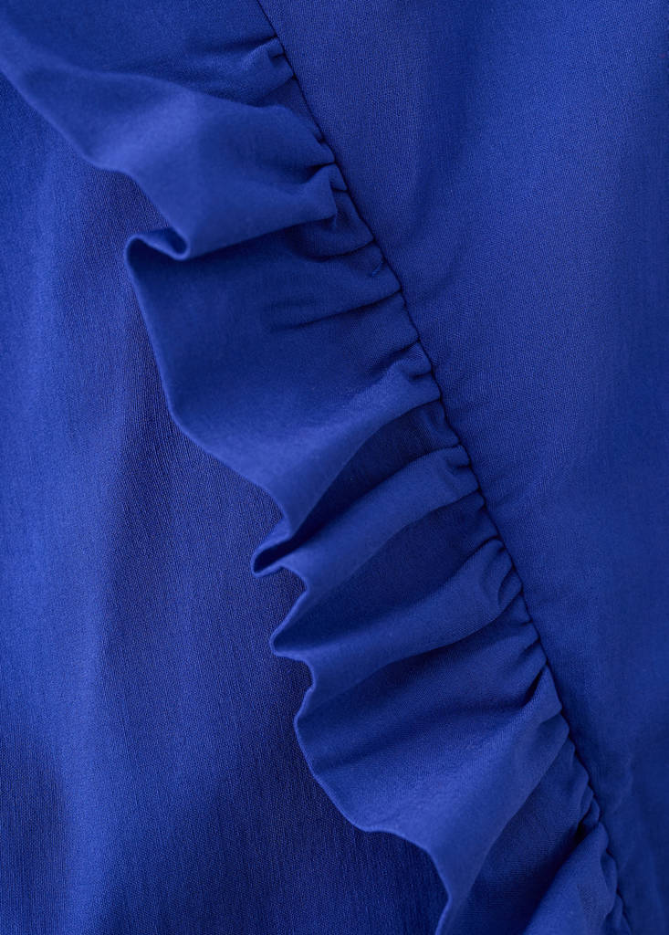 Strapless dress with asymmetric frill detail — Blue