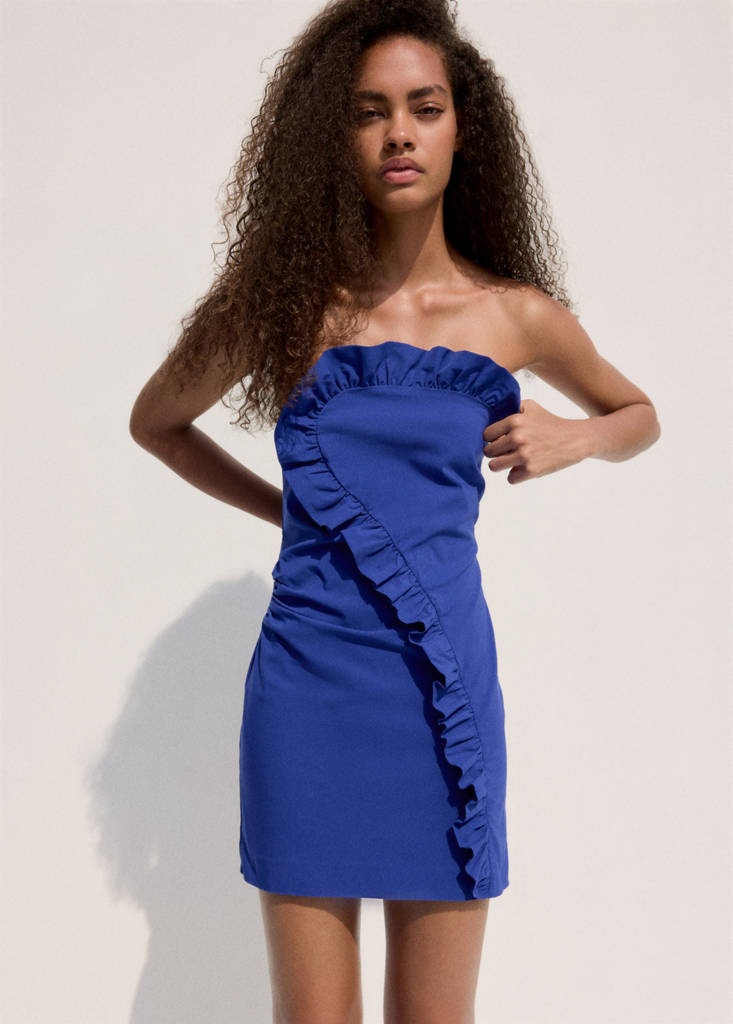 Strapless dress with asymmetric frill detail — Blue