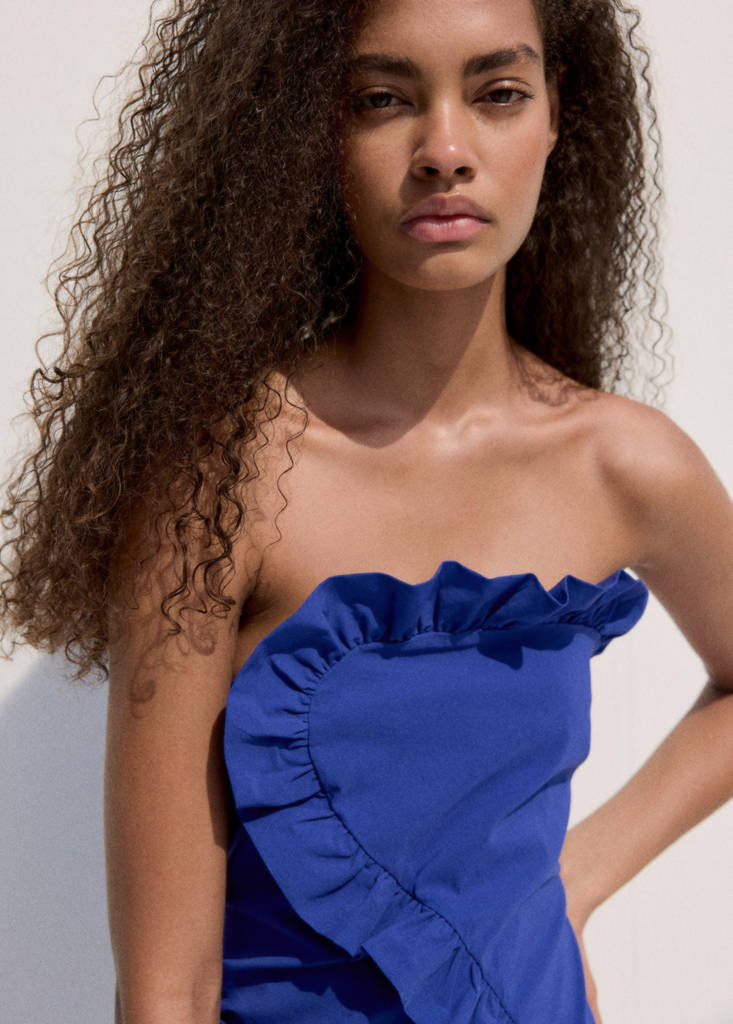 Strapless dress with asymmetric frill detail — Blue