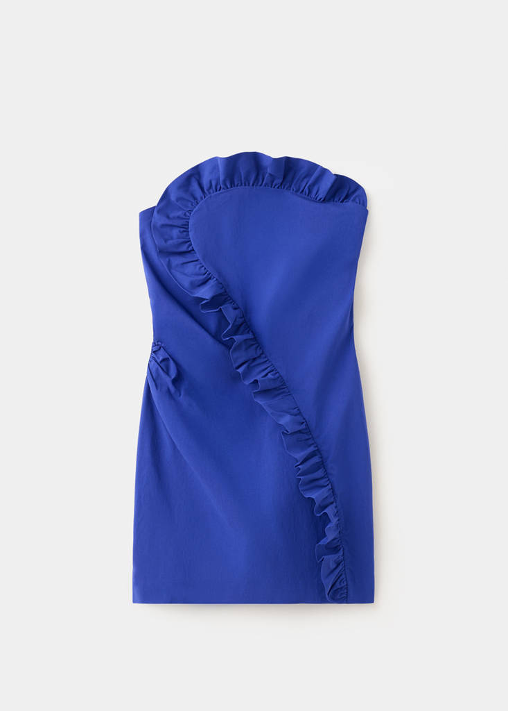 Strapless dress with asymmetric frill detail — Blue