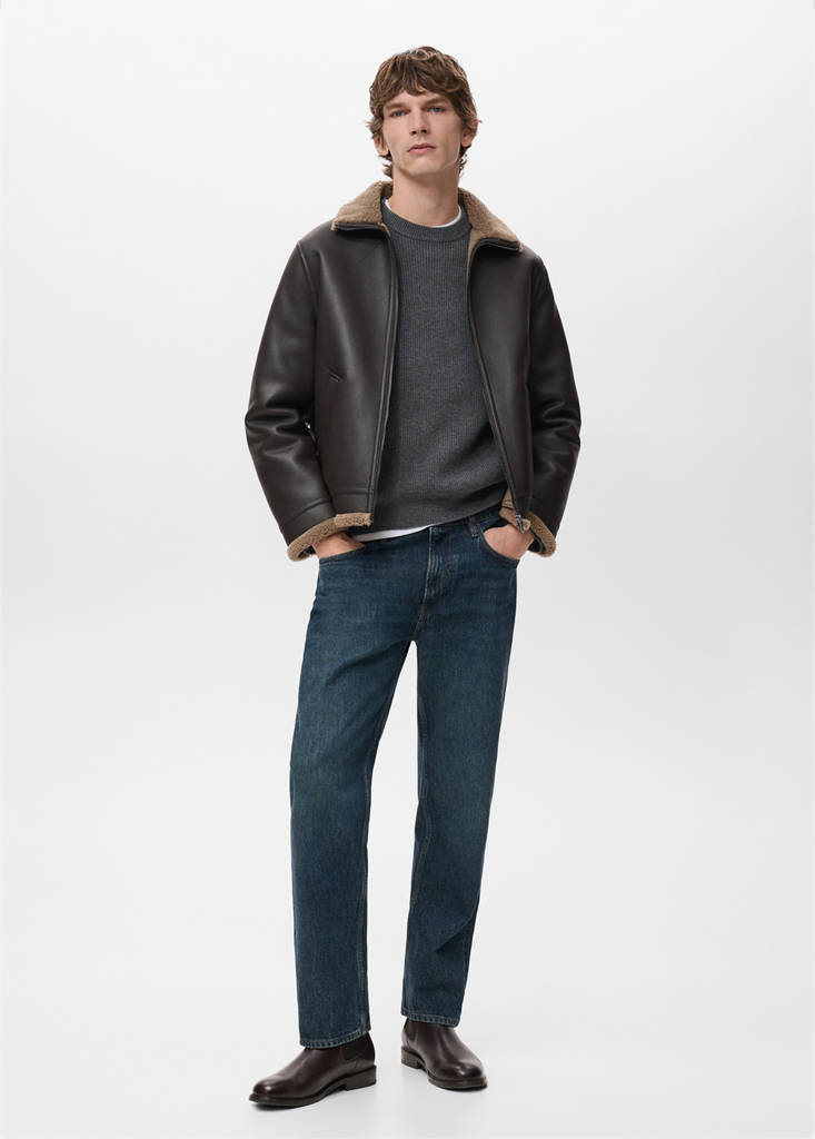 Faux-leather fleece jacket — Chocolate