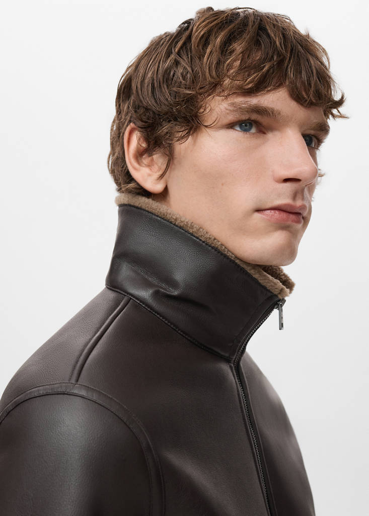 Faux-leather fleece jacket — Chocolate
