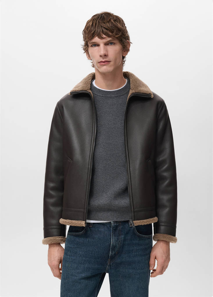 Faux-leather fleece jacket — Chocolate
