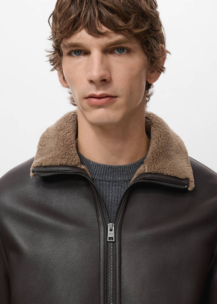 Faux-leather fleece jacket — Chocolate