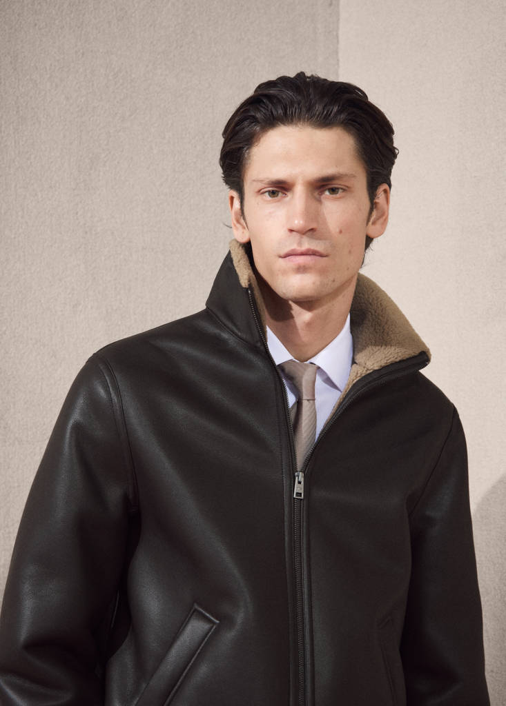 Faux-leather fleece jacket — Chocolate