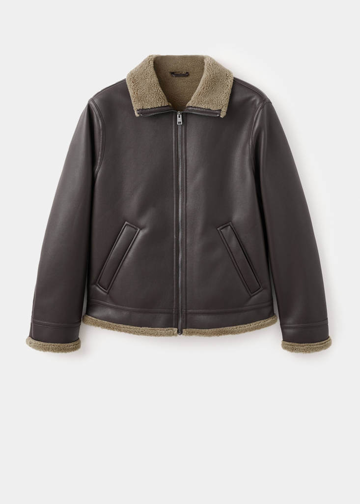 Faux-leather fleece jacket — Chocolate
