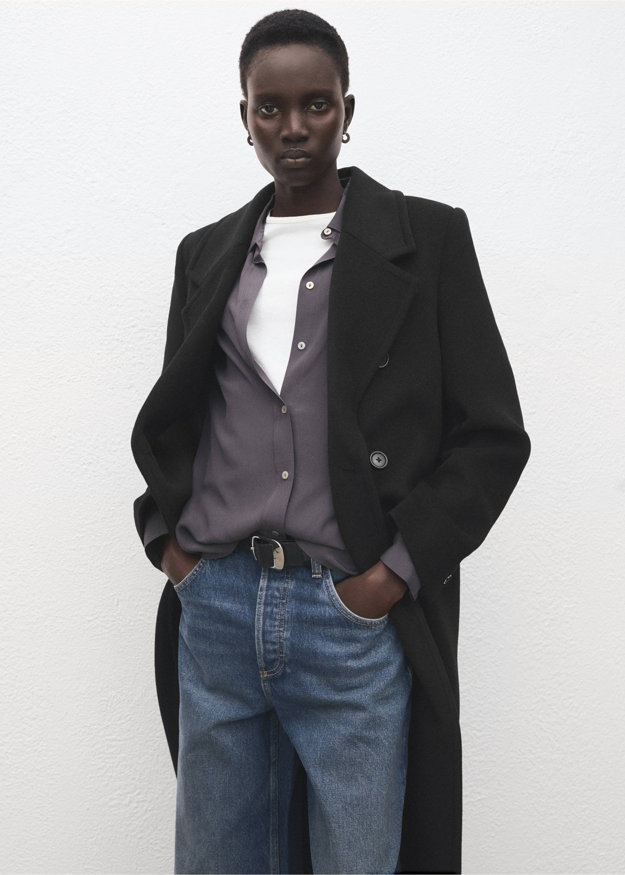 Vlněný kabát s dvouřadým zapínáním - Detail zboží 2, Černá. Ref: 27091186-00.