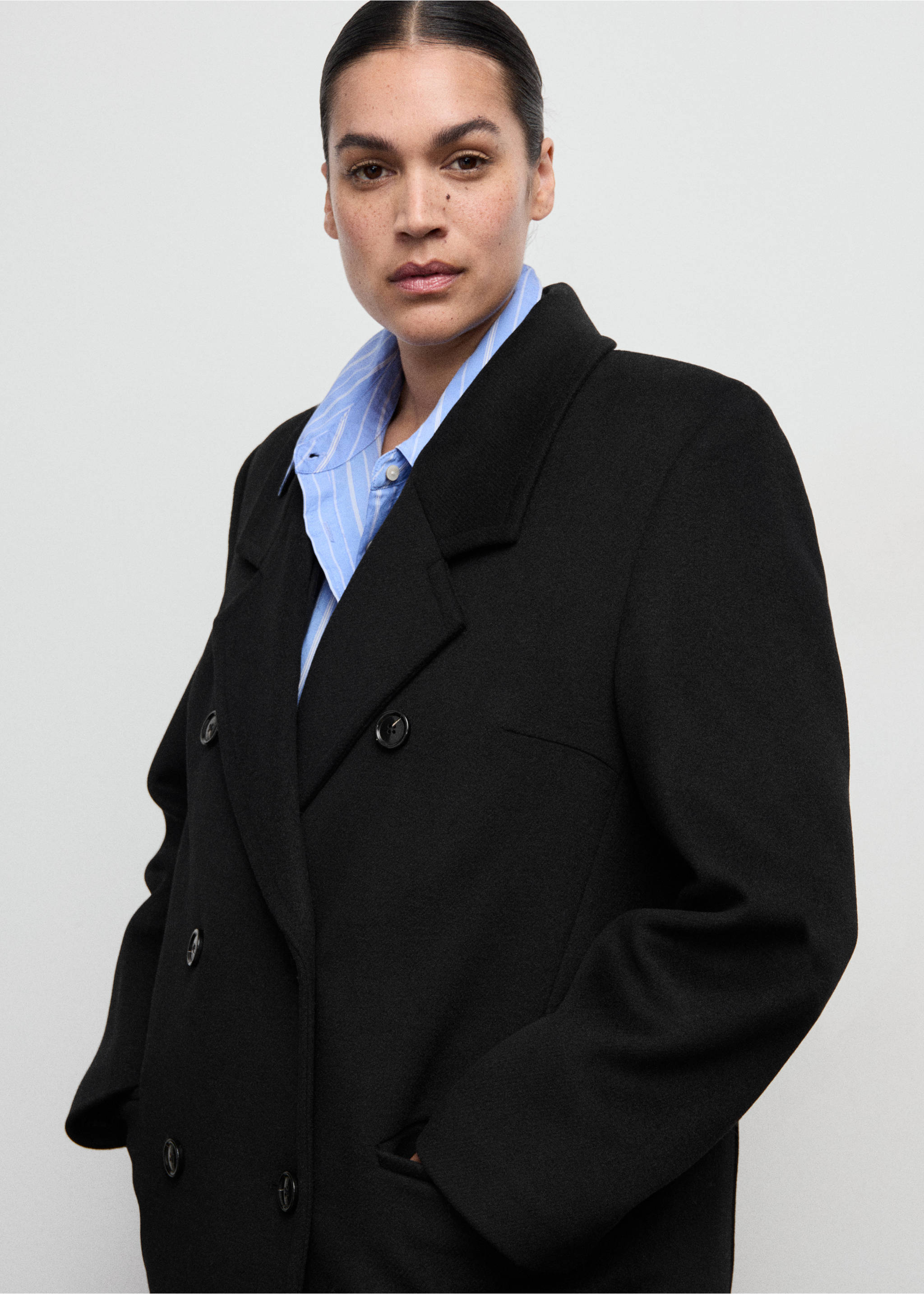 Vlněný kabát s dvouřadým zapínáním - Detail zboží 5, Černá. Ref: 27091186-00.