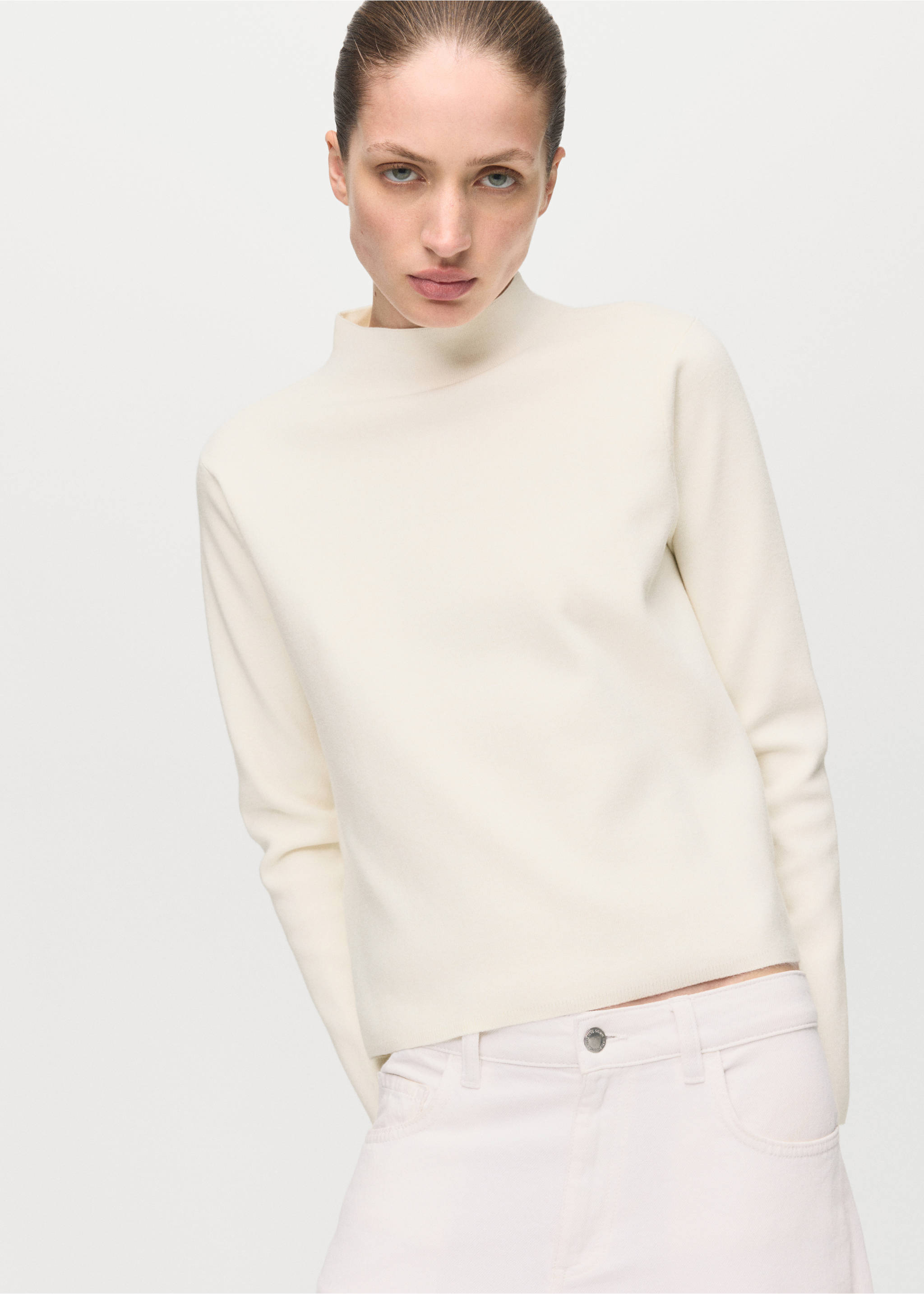 Knitted sweater with perkins neck - Medium plane, Ecru. Ref: 27091224-00.