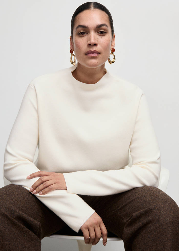 Knitted sweater with perkins neck — Ecru