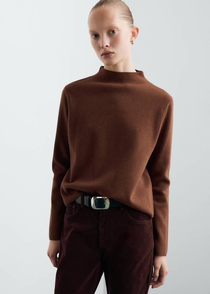 Knitted sweater with perkins neck — Caramel