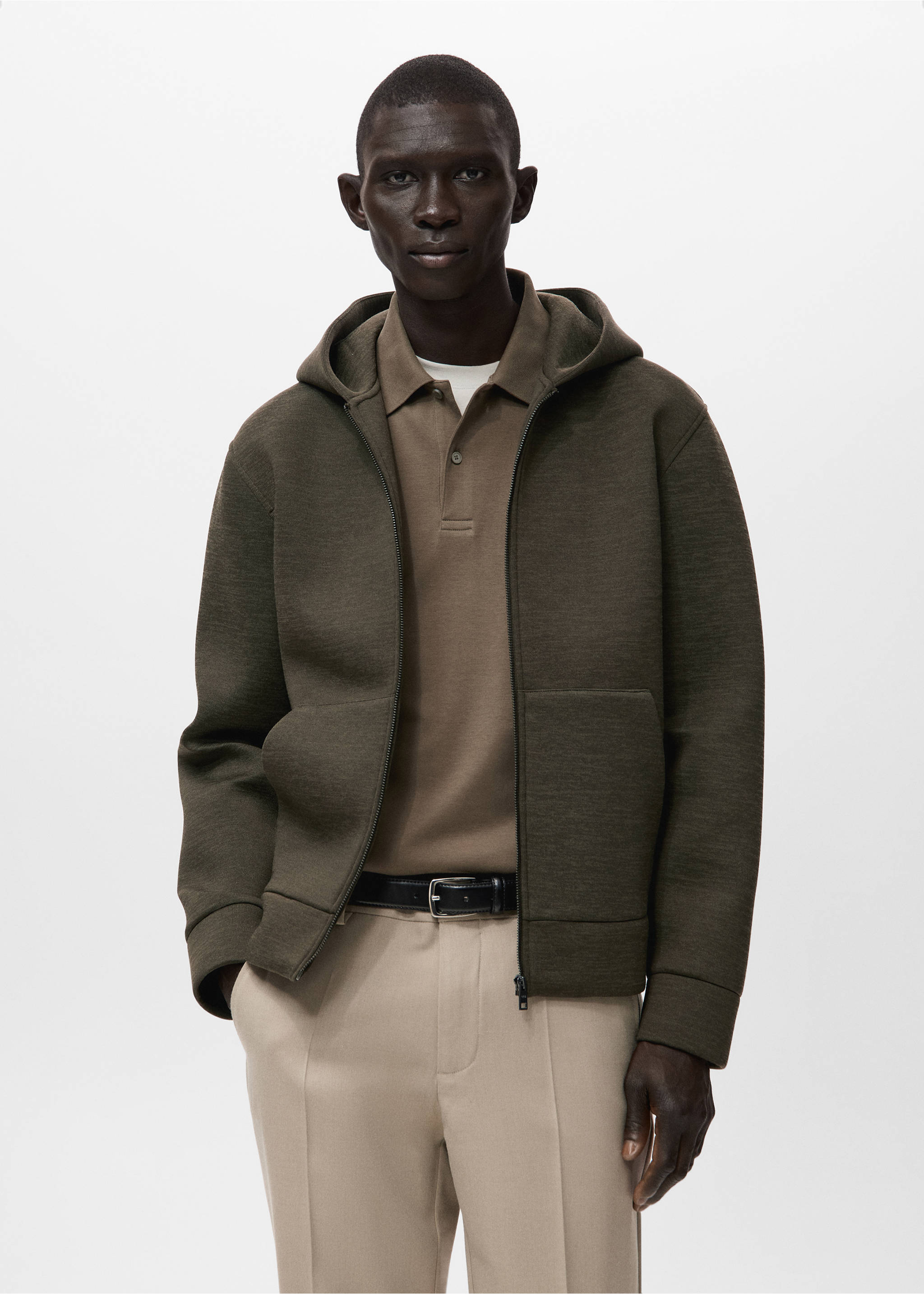 Neopren görünümlü fermuarlı sweatshirt - Orta plan, Haki Renk. Ref: 27091257-00.