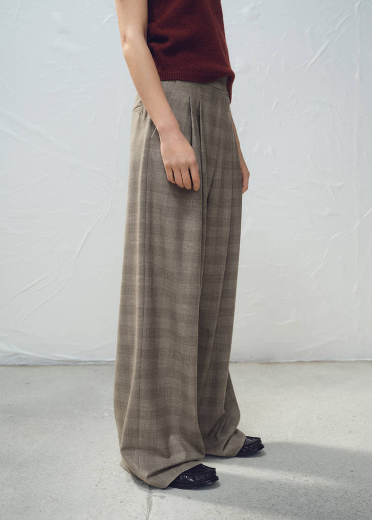 Wide leg check suit trousers — Brown
