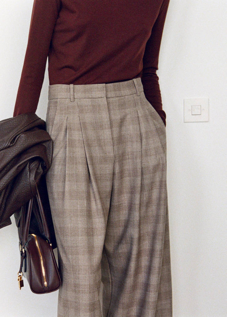 Wide leg check suit trousers — Brown
