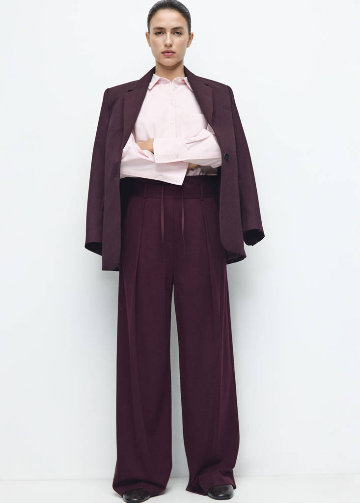 Pleated trousers with combined waistband — Maroon