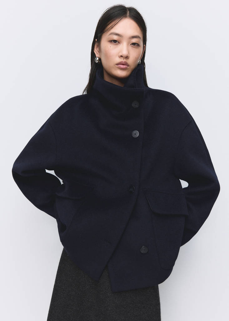Wool funnel-neck coat