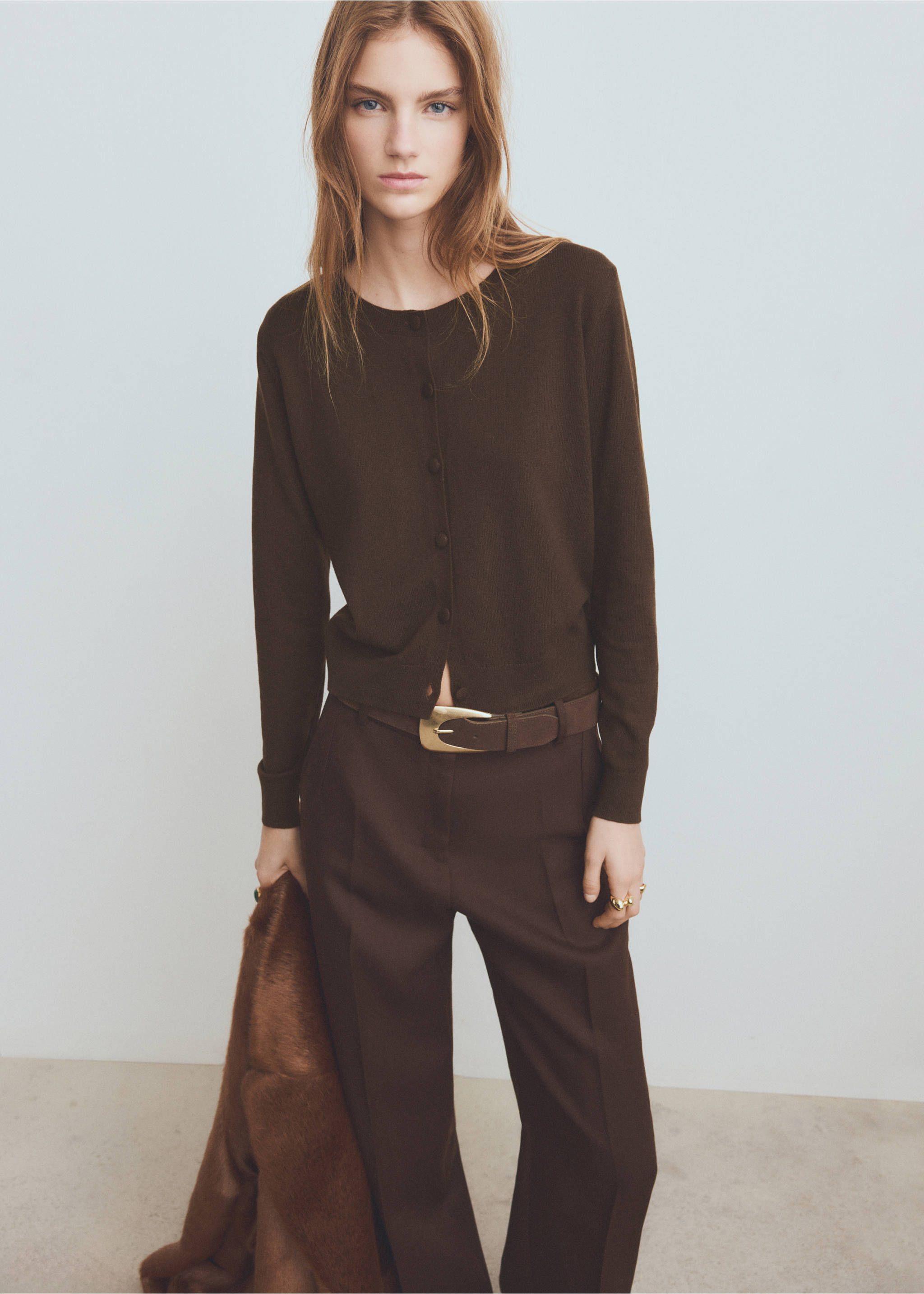 Knitted button cardigan - Medium plane, Chocolate. Ref: 27091274-00.