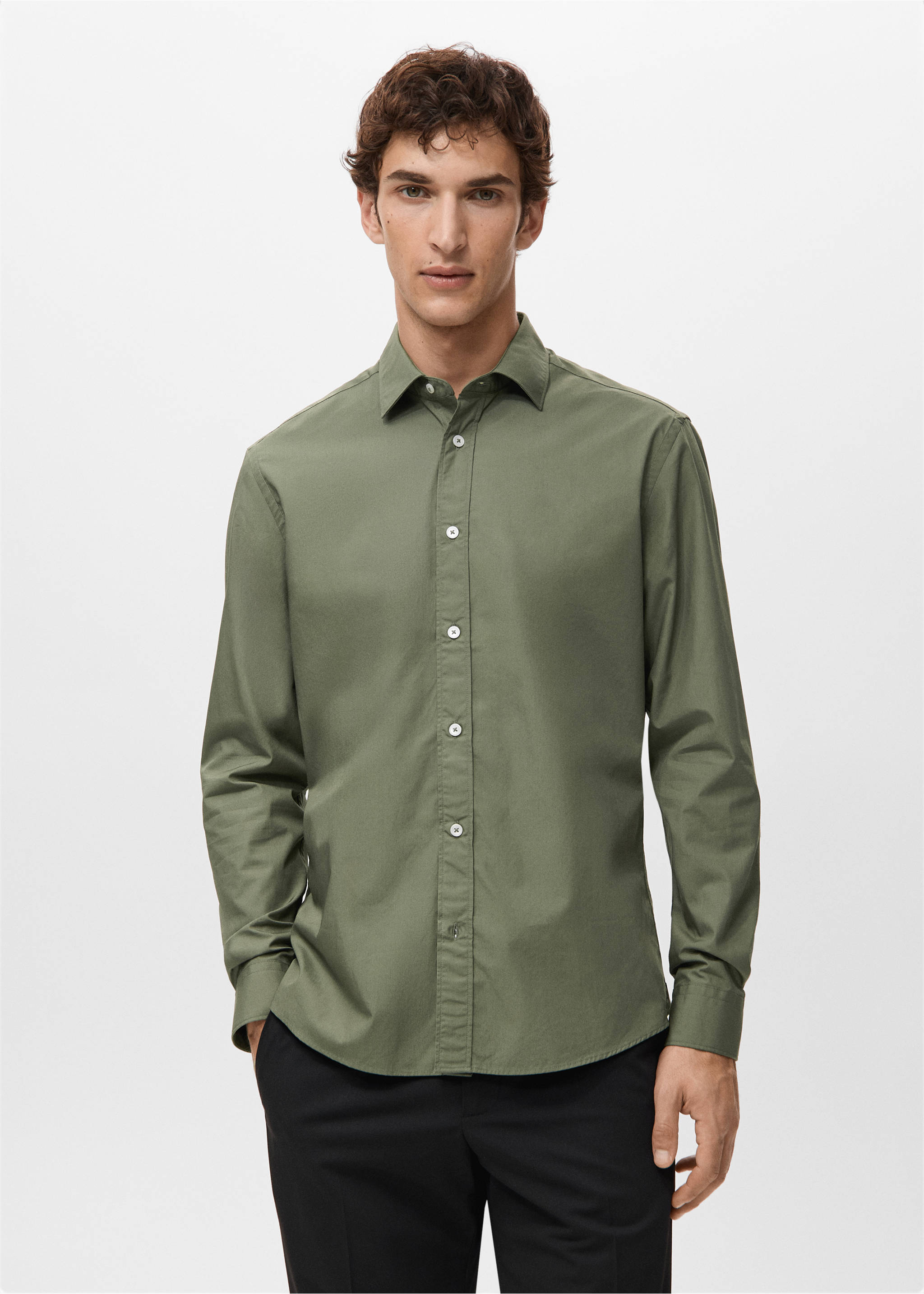Regular-fit 100% cotton shirt - Medium plane, Khaki. Ref: 27091290-00.