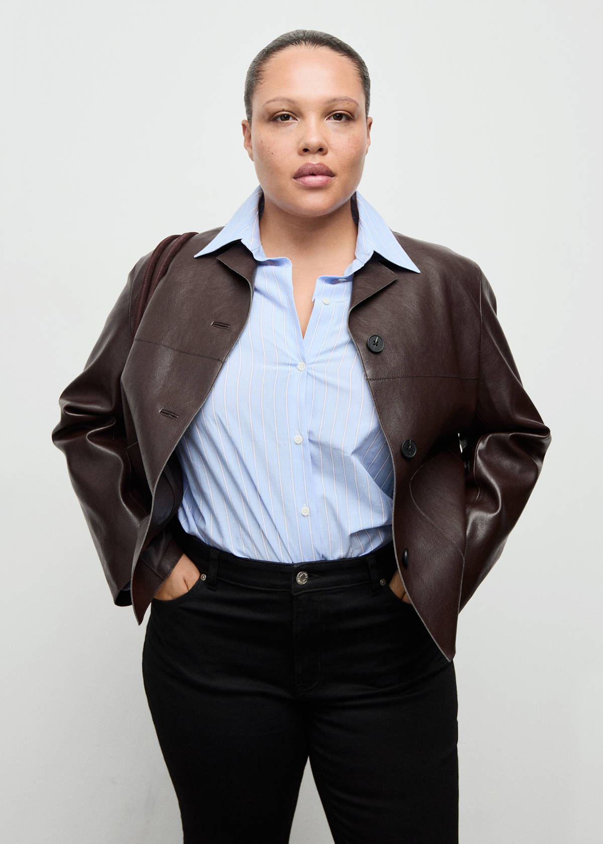 Faux-leather jacket with pockets — Chocolate