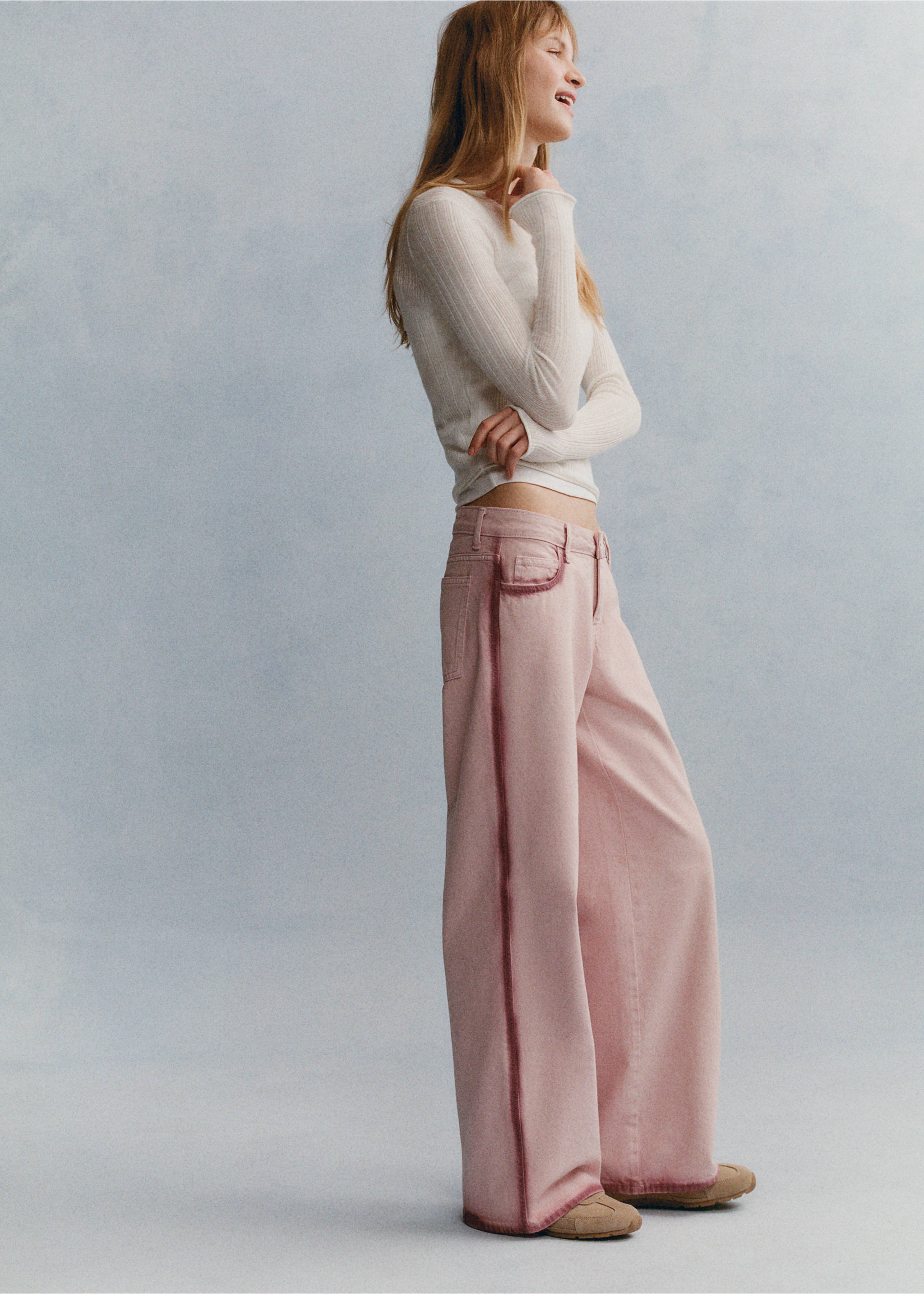 Two-tone wide leg jeans - Details of the article 5, Pale Pink. Ref: 27091508-00.