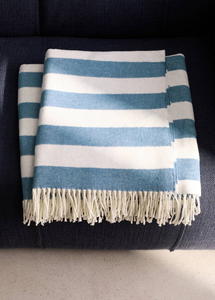 Striped cotton throw with tassels — Blue