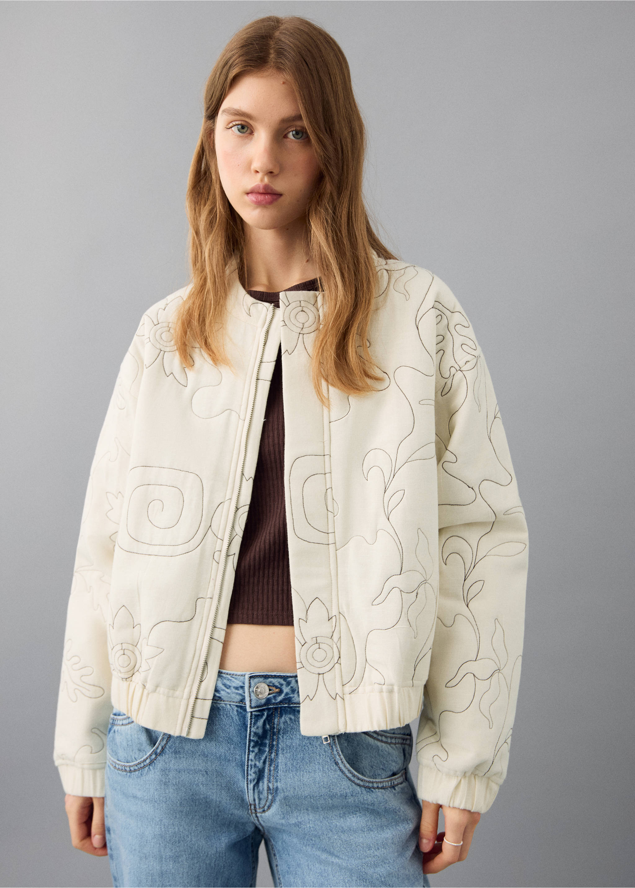 Embroidered quilted jacket - Medium plane, Beige. Ref: 27092547-00.