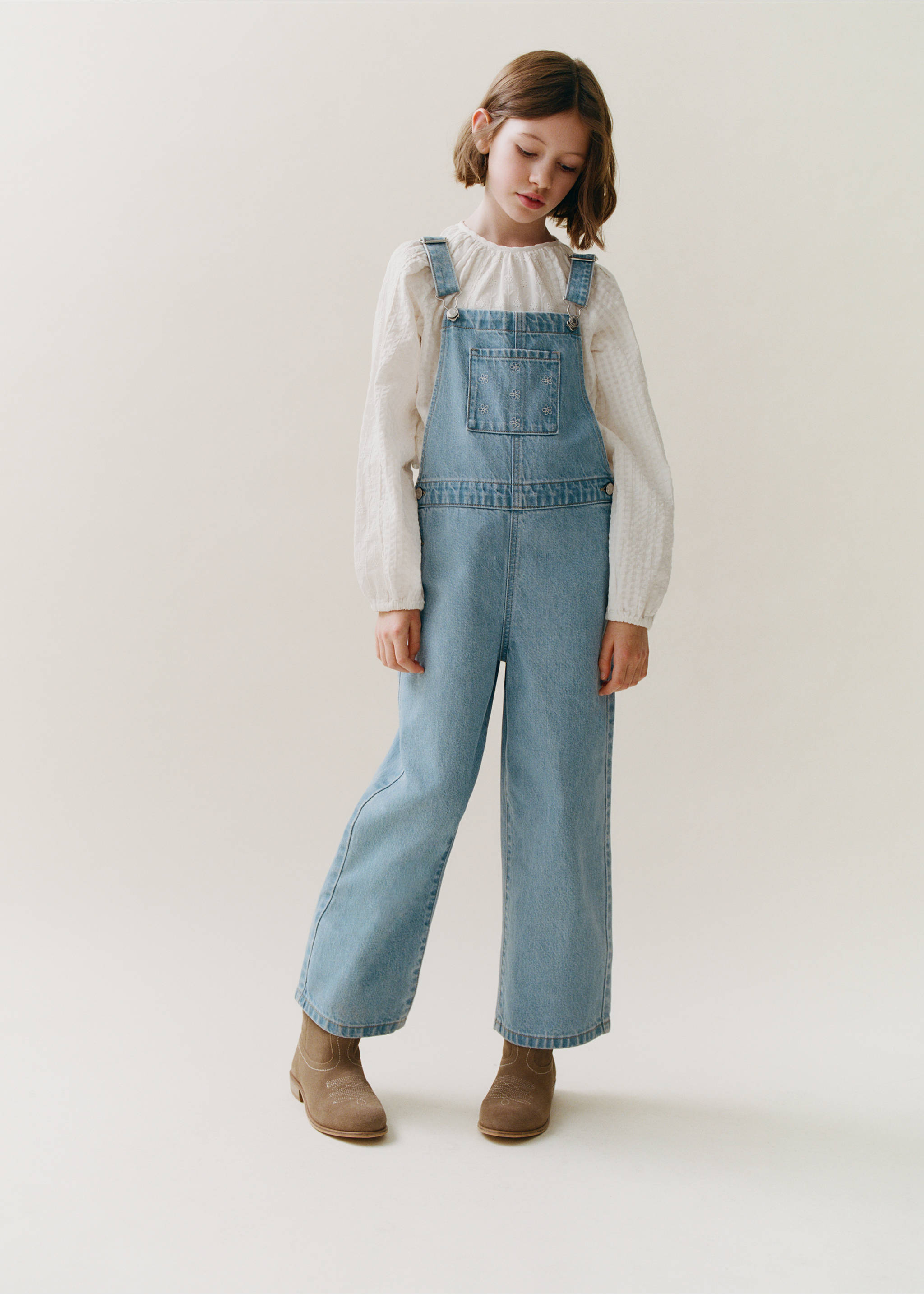 Embroidered denim dungarees - Details of the article 5, Medium Blue. Ref: 27093268-00.
