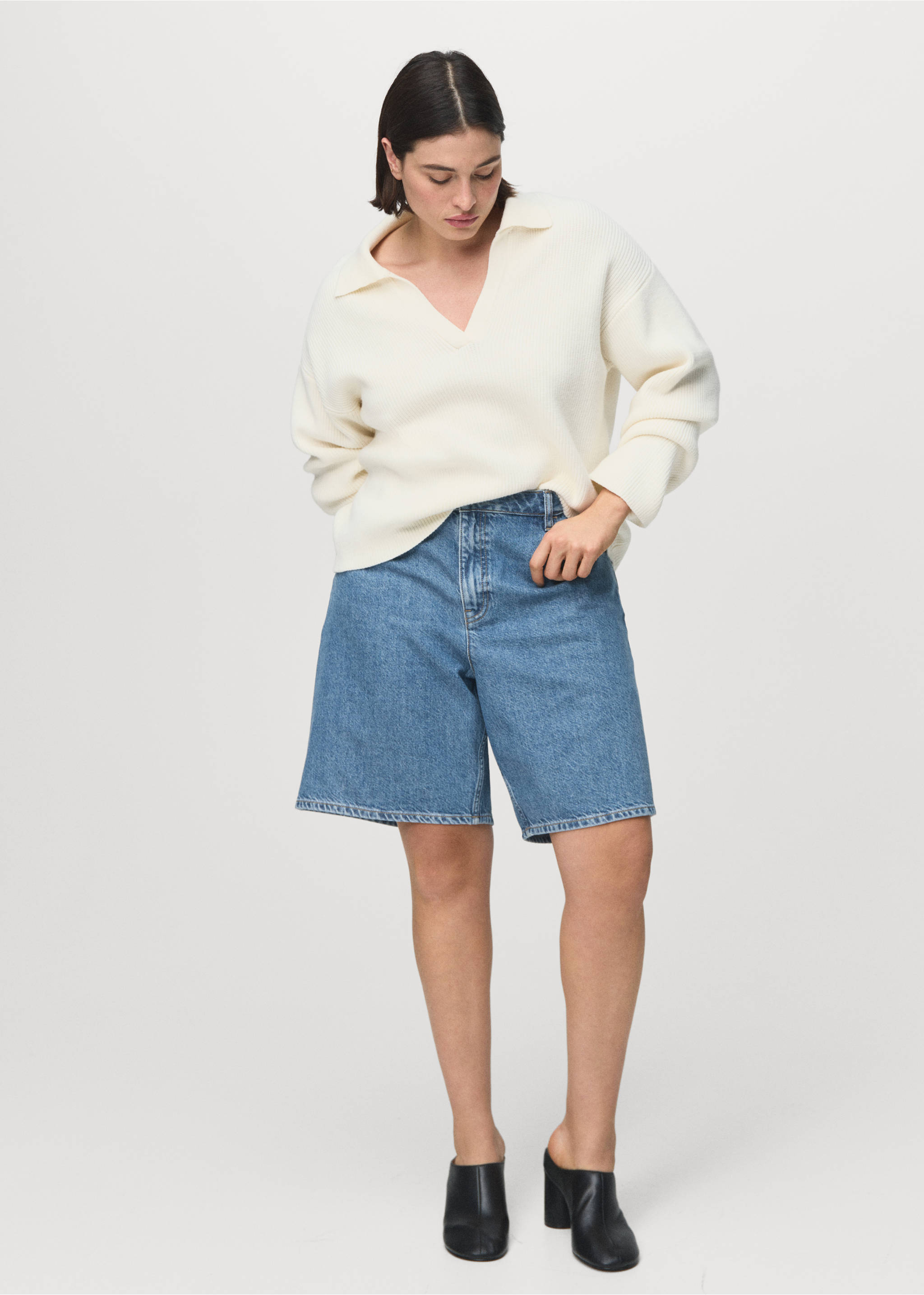 Bermudas denim rectas tiro alto - Detalle del artículo 3, Azul medio. Ref: 27093279-00.