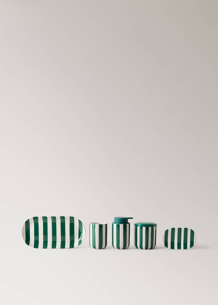 Painted striped ceramic soap dish — Dark Green