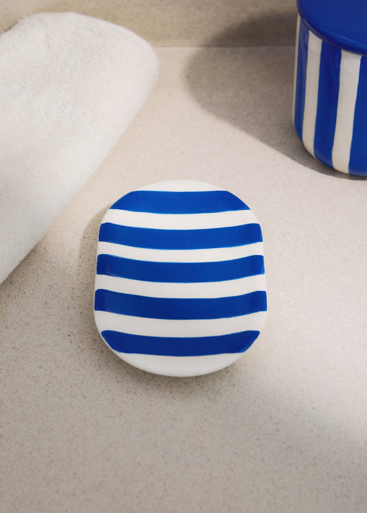 Painted striped ceramic soap dish — Blue
