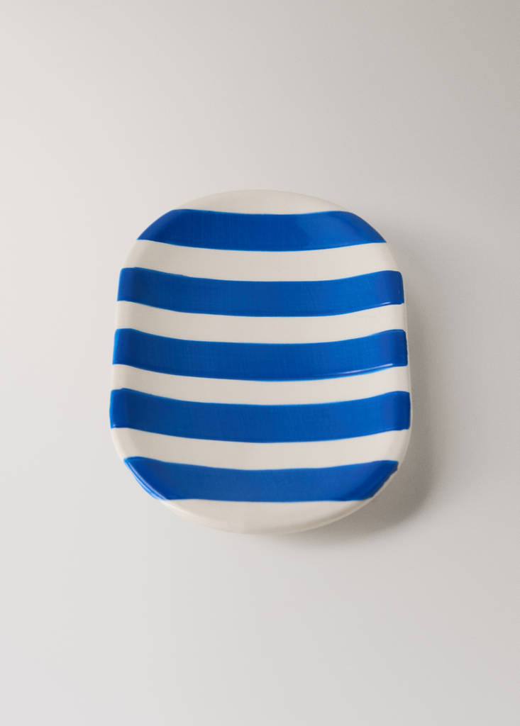 Painted striped ceramic soap dish — Blue