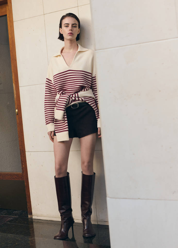 Striped polo-neck sweater — Ecru